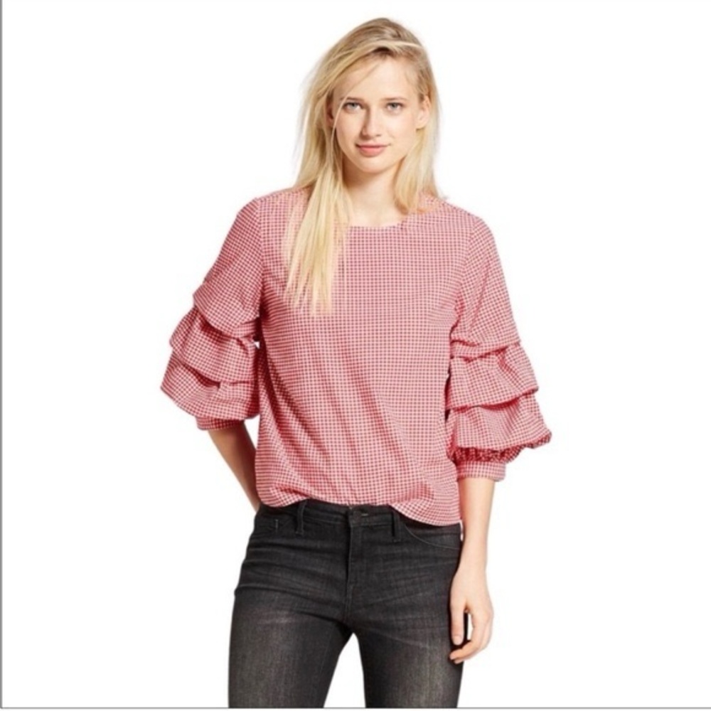 Who What Wear Red Gingham Blouse with Ruffle Sleeves